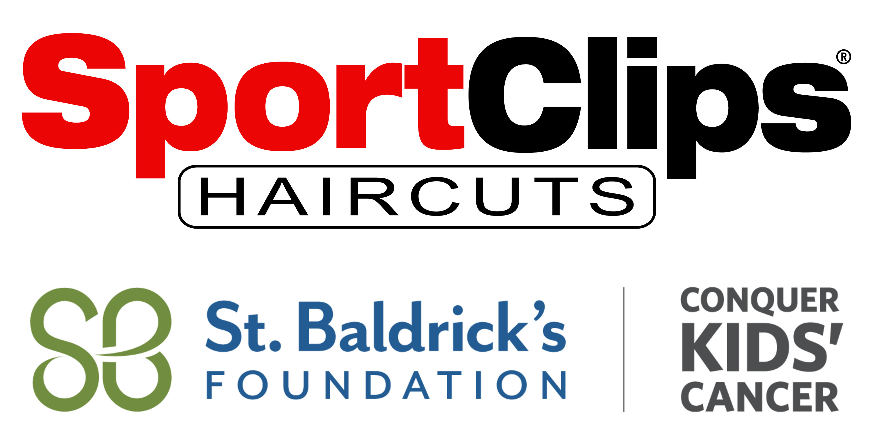 Sport Clips Haircuts, St Baldricks Foundation and Conquer Kids Cancer logos